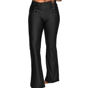 Dolls Kill Flare Pants Black Lace Up Shiny Stretch High Waist Grommet Size Small